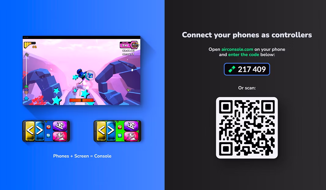 Quick start, multiplayer games where your mobile phone is the controller! Credits: Air Console