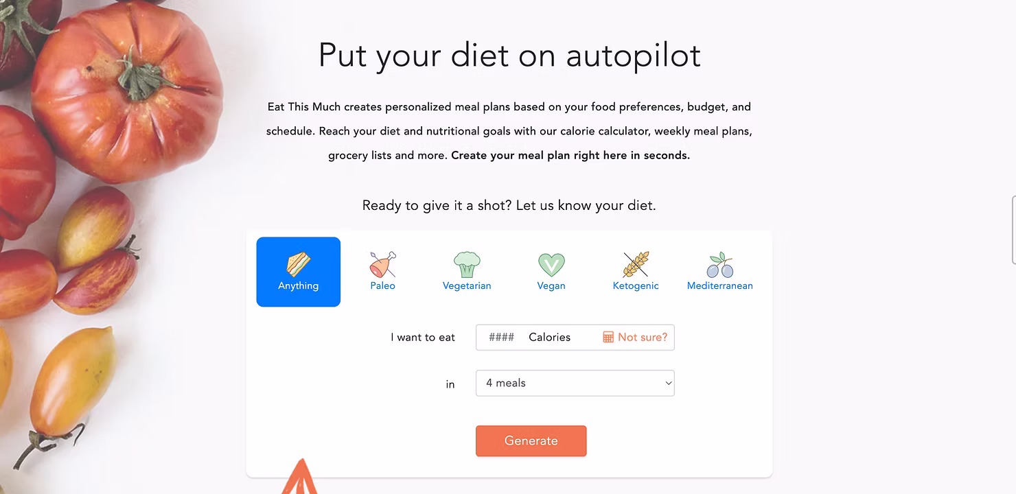 Eat This Much app showing calorie-based meal planning