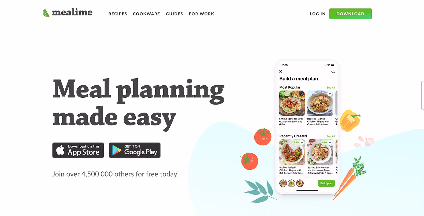 Mealime app interface showing meal planning features