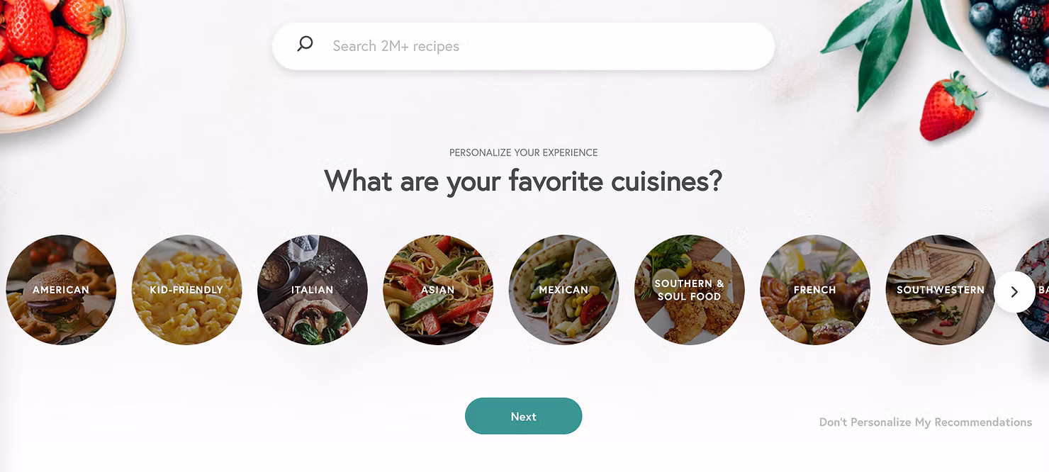 Yummly app showing recipe recommendations